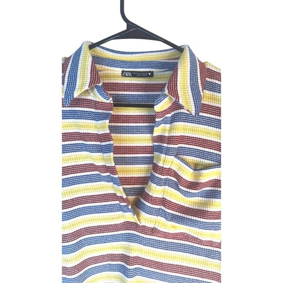 2/$25 ZARA Striped Medium Vintage Ribbed Knit V Neckline Polo Shirt - Picture 5 of 12